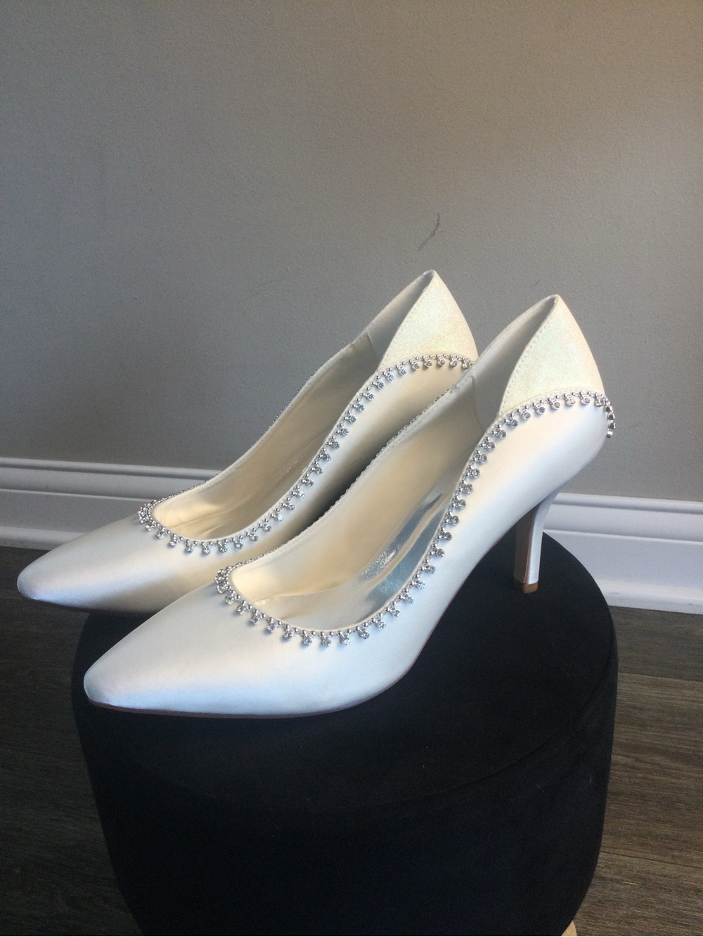 Crystal-Trim White Satin Pointed-Toe Heels